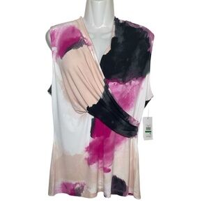 DKNY Pink and Black Sleeveless Wrap Blouse sz L